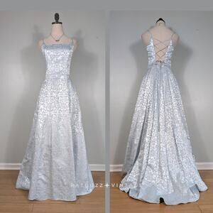 Vintage Prom Dress Maxi Gown 8 Blue Fairy Princess Corset 90s Y2K Floral Pastel